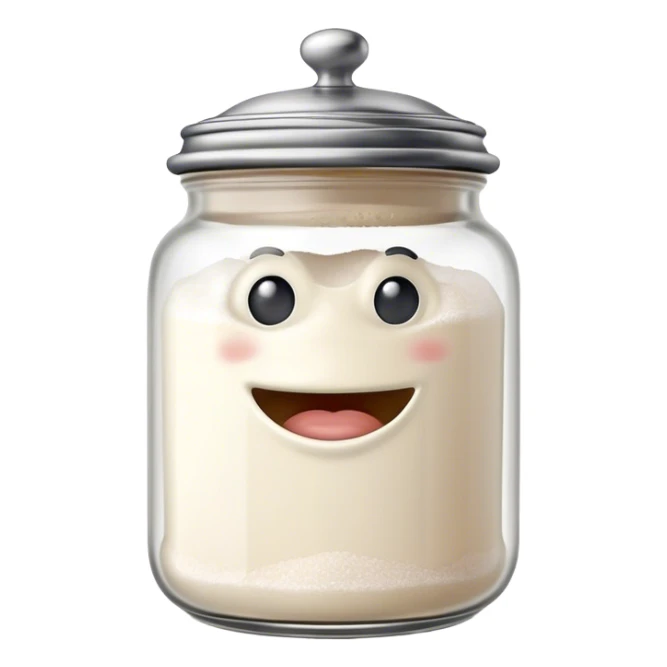 A mischievous anthropomorphic salt jar with transparent glass body and metal lid sticker