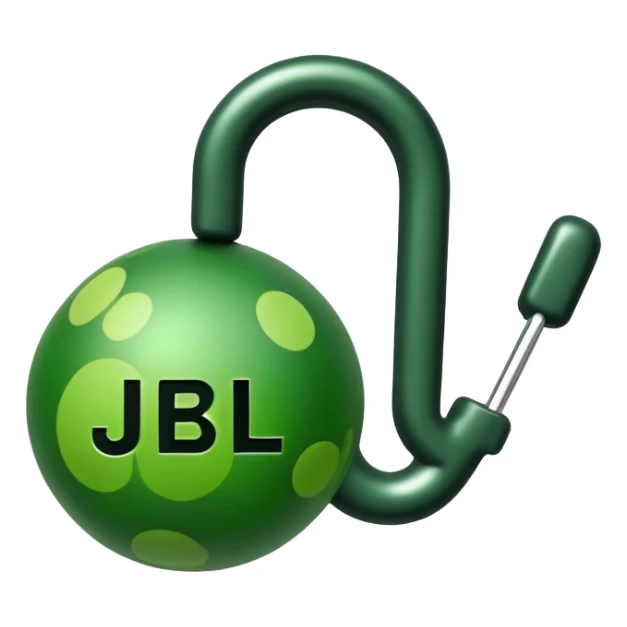 Most minimal possible JBL Clip 4 design, single green object with one darker green spot and small hook, iOS emoji style sticker