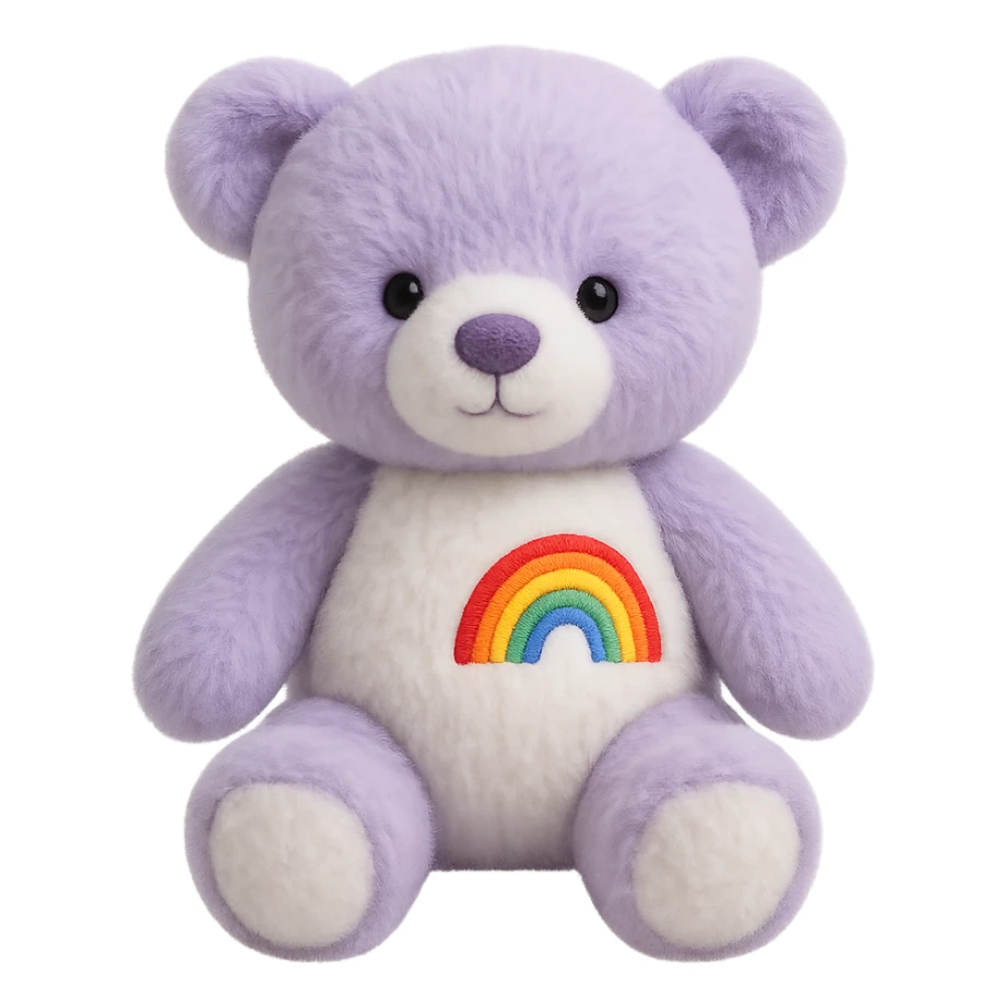 Add a rainbow patch to the purple and white teddy bear, keep it soft and plush, no shadows, flat lighting, no background. The style should maintain the soft and plush look of the teddy bear with flat lighting and no shadows. sticker