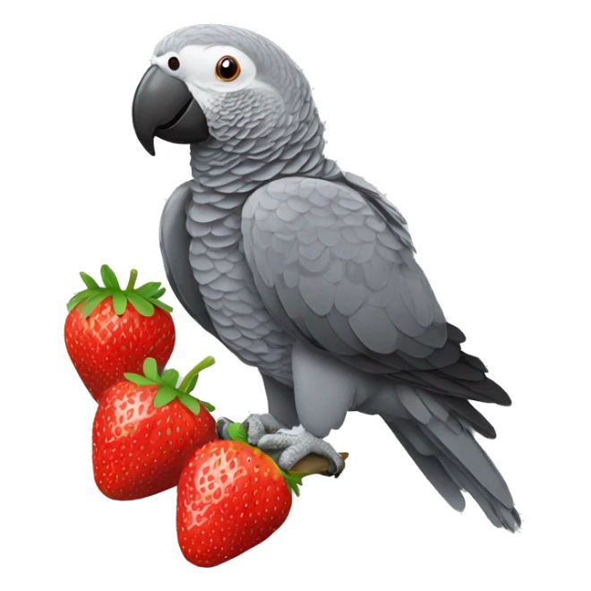 African grey parrot eating a red strawberry sticker