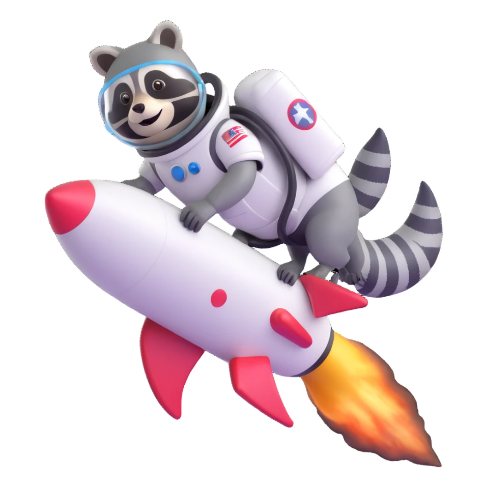 raccoon astronaut riding a rocket sticker
