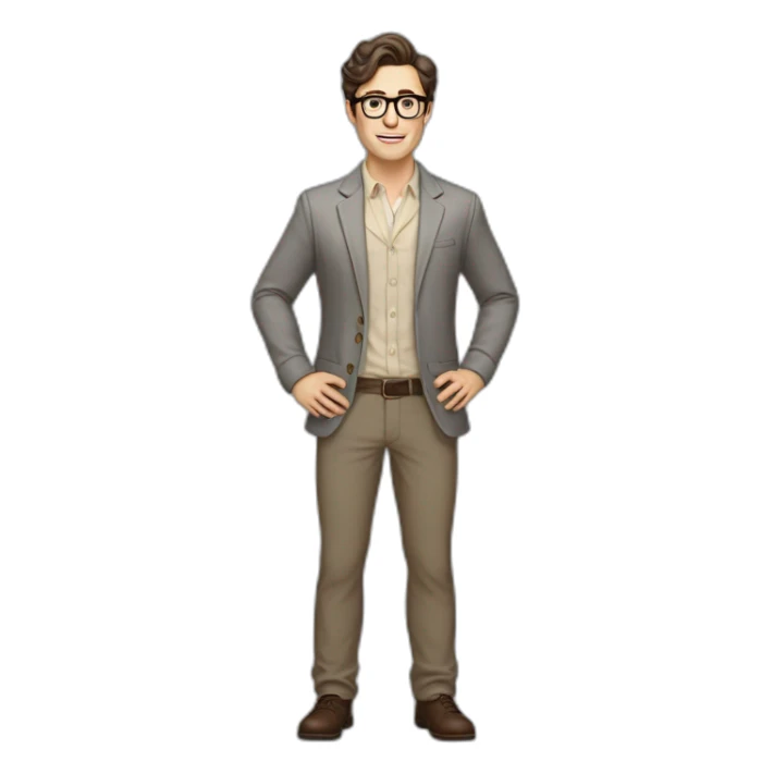 Full height Pale skinned Fit Man With dark brown hair in gray classic jacket, beige office shirt, Brown pants and vintage glasses. Thrumbs of his palms upwards sticker
