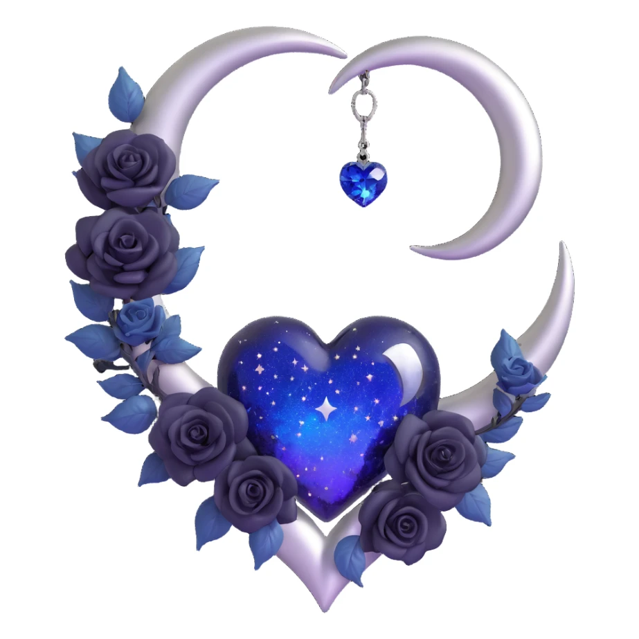 gothic heart, midnight blue glass, silver crescent moon, tiny black roses, shimmering stardust, holographic shimmer effect sticker
