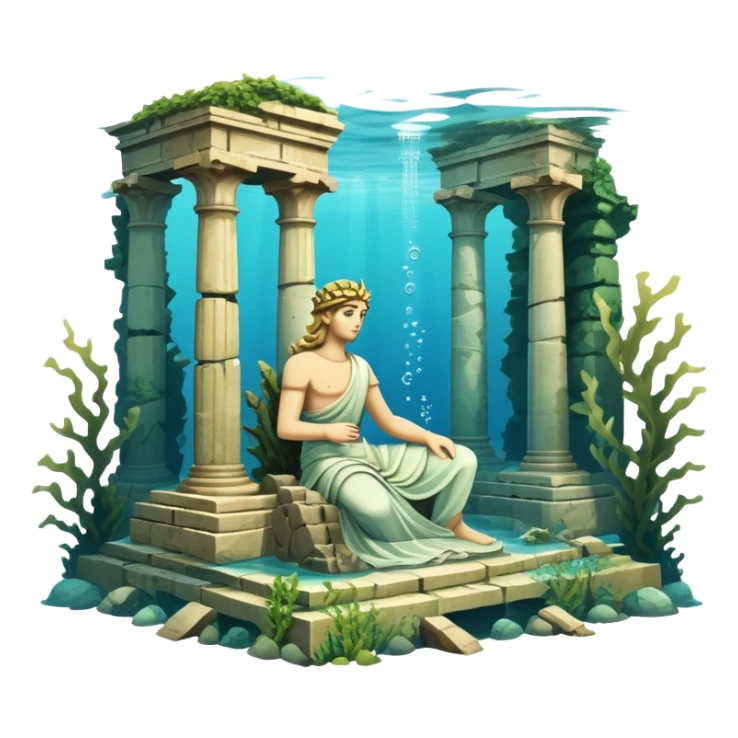 Simple Atlantis underwater ruins with a large sunken statue, fallen columns, broken domes, ancient Greek-style statue partially broken sticker