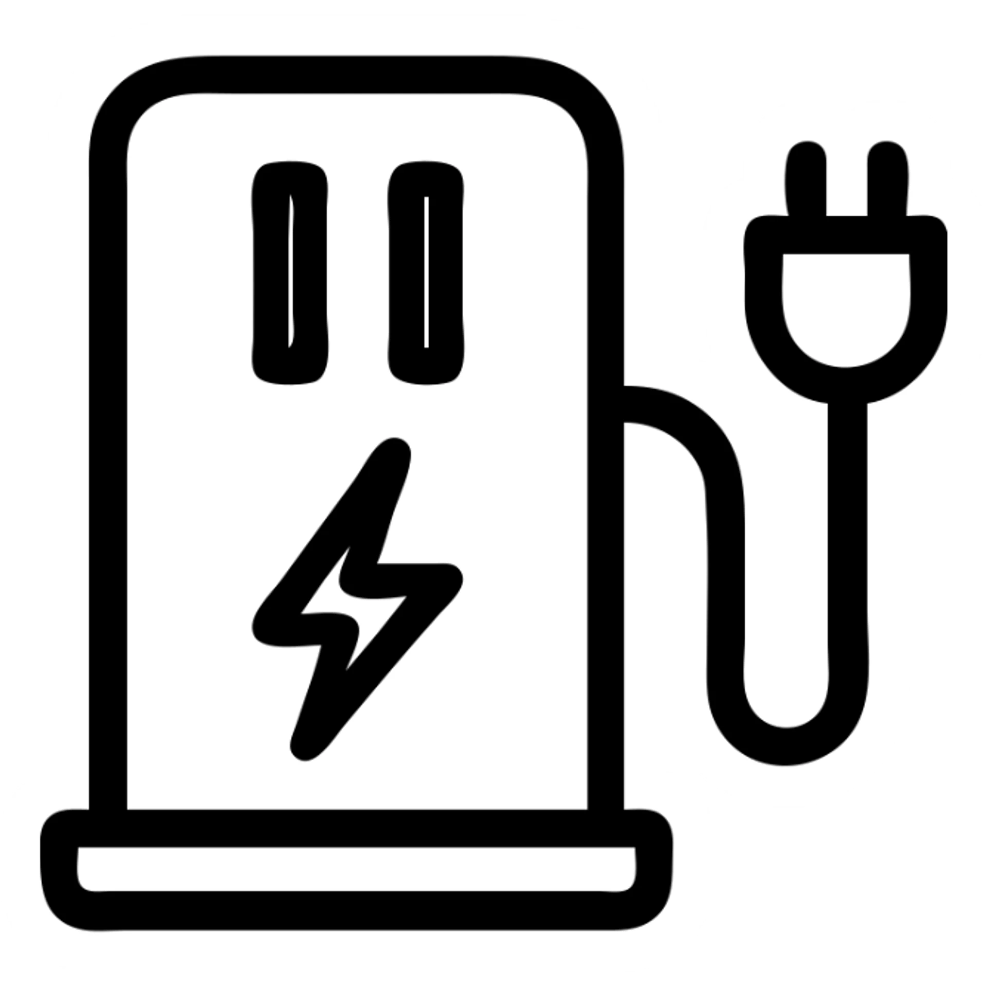 minimalist EV charging paused icon, outlined style, clear pause symbol, electric vehicle charging cable, modern, simple, no fill sticker