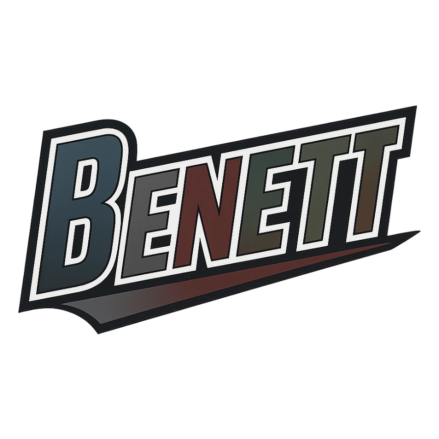Benett name in masculine, modern gradient font with precise Hungarian characters, dark contour, extra wide and prominent white letter frame as in reference images, dynamic slanted underline, masculine color shades (blue, gray, burgundy, green, brown), 1000x1000 px, PNG, transparent background sticker
