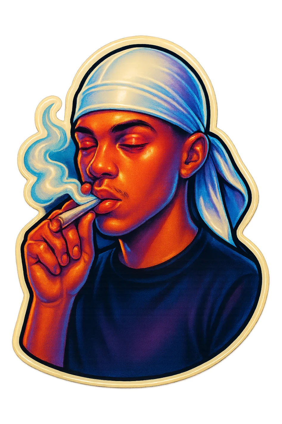Red eyes lids
Smoking weed
Change His durag To white sticker