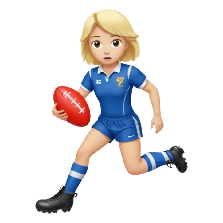 chica rubia con cara de miedo vestida con equipación de rugby con unas botas inflables sticker