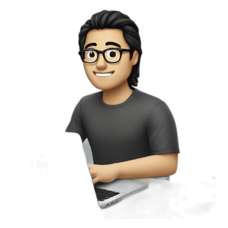 an SEO/tech guy with specs working on macbook, black hair, asian - white sticker