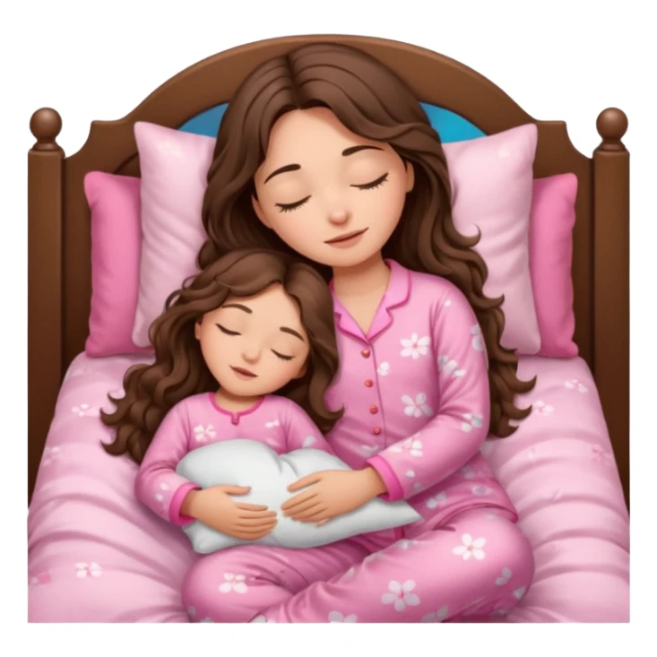 Brunette girl with long wavy brown hair with brown eyes and sleeping on a withe bed with cute pink pjs (just one whirl) and with closed eyes sticker