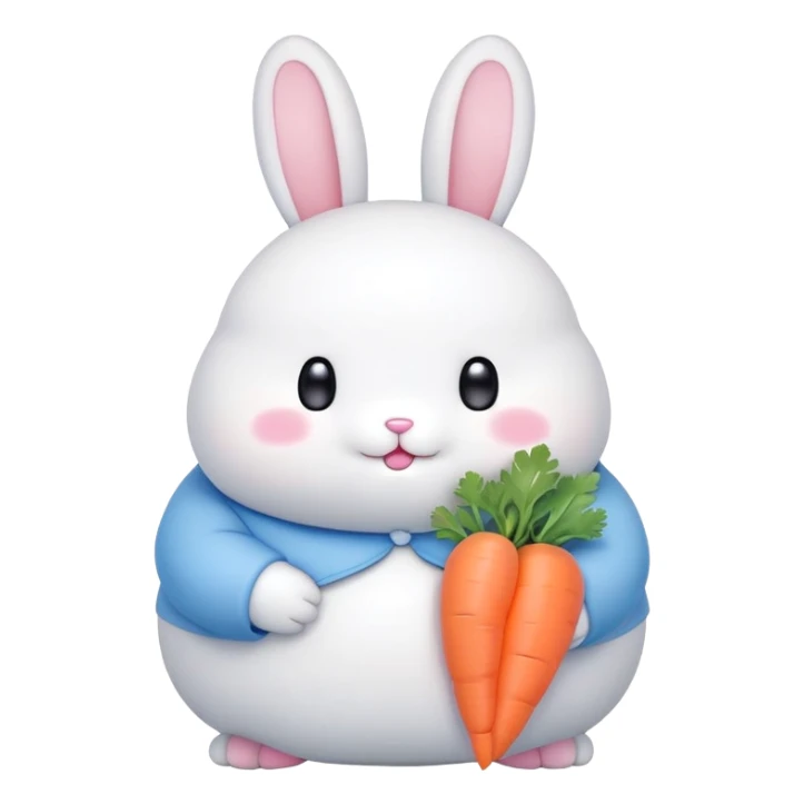 A fat bunny character in Sanrio style, large head with big round eyes, blushing cheeks, small mouth, minimal facial features, tiny spikes, pastel pink and blue colors, clean bold outlines, rounded shapes sticker