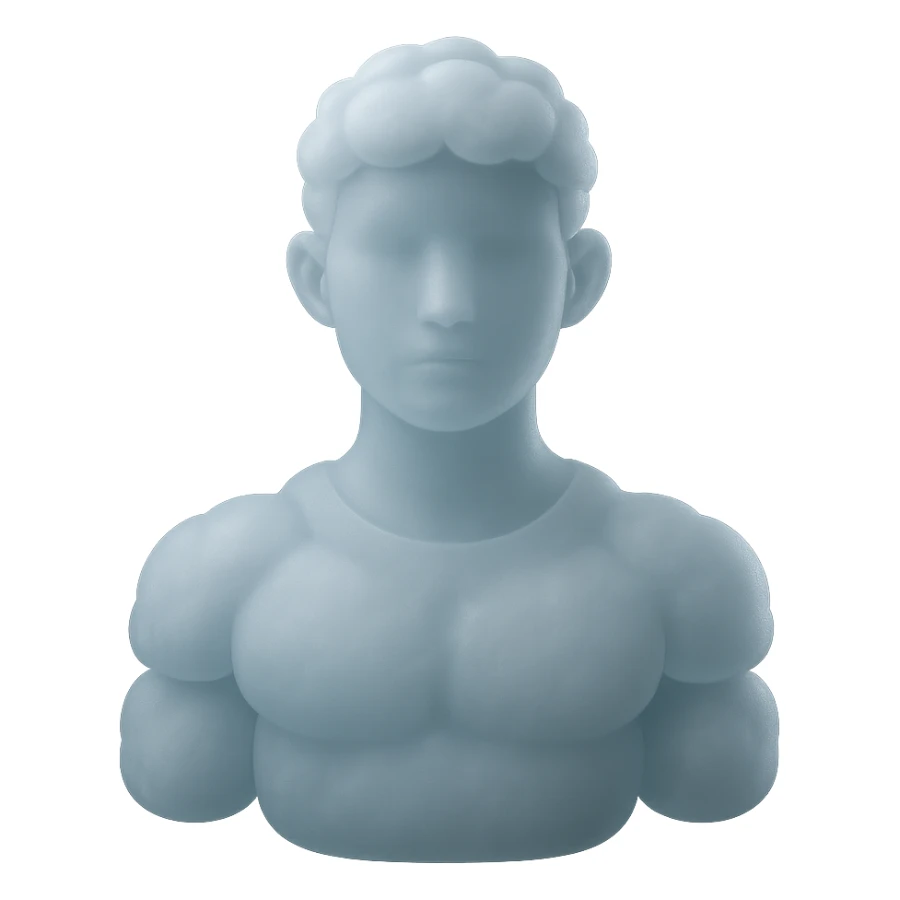 person looking straight, fully made of white fluffy convex clouds, shoulders, matte glass style sticker