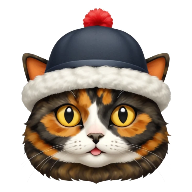 mostly black tortoiseshell cat, gold eyes, british hat sticker