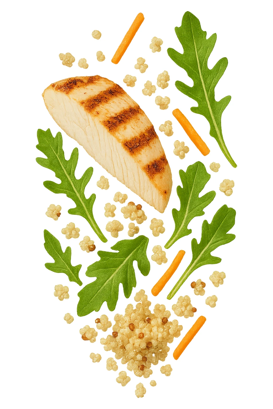 EMOJI STILE IPHONE DI quinoa e pollo con rucola e carote CHE CADONO VERTICALMENTE DALL'ALTO, iperrealistica 4k sticker
