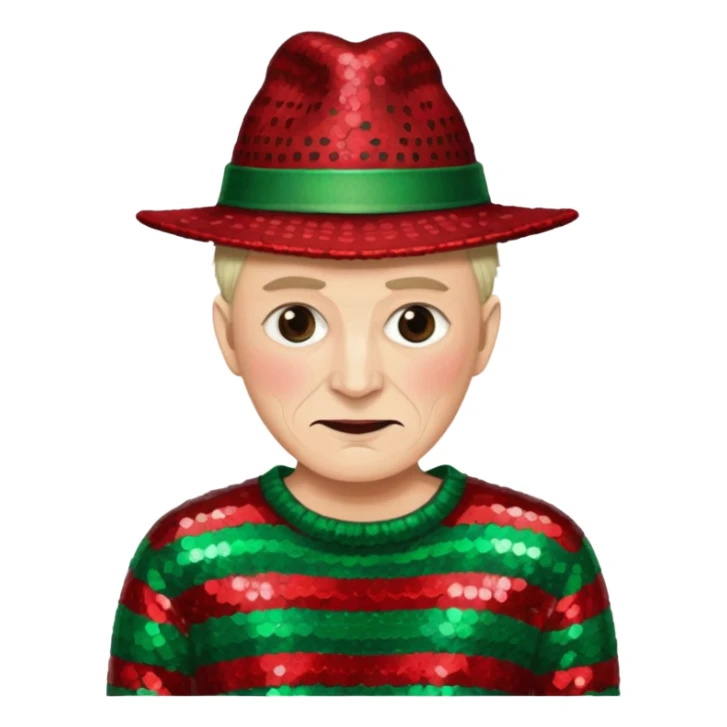 Freddy Krueger with red and green stripe sequin sweater, dark brown sequin hat sticker