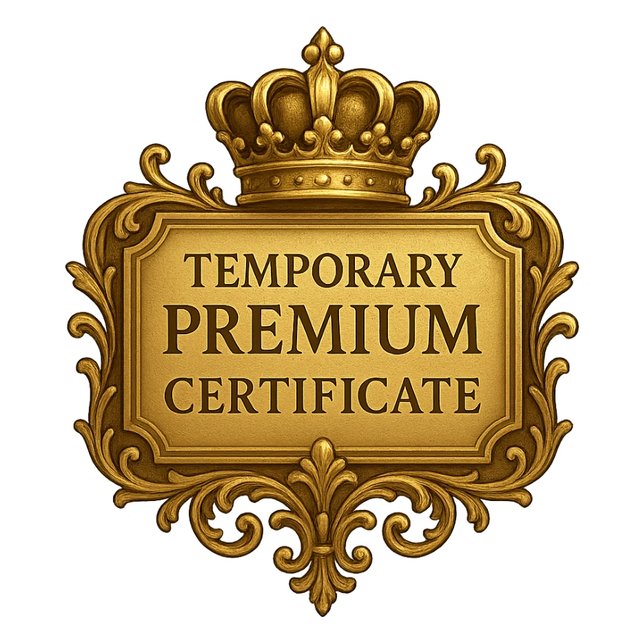 gold Temporary Premium Certificate with a gold crown, elegant and decorative, refined digital reward badge style sticker