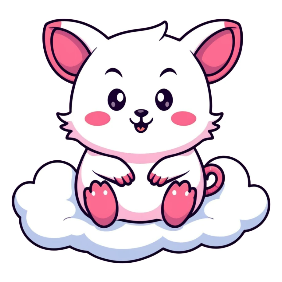 pink possum sitting on a fluffy cloud with small devil horns, vibrant colors, sparkles, celestial background, mischievous expression sticker