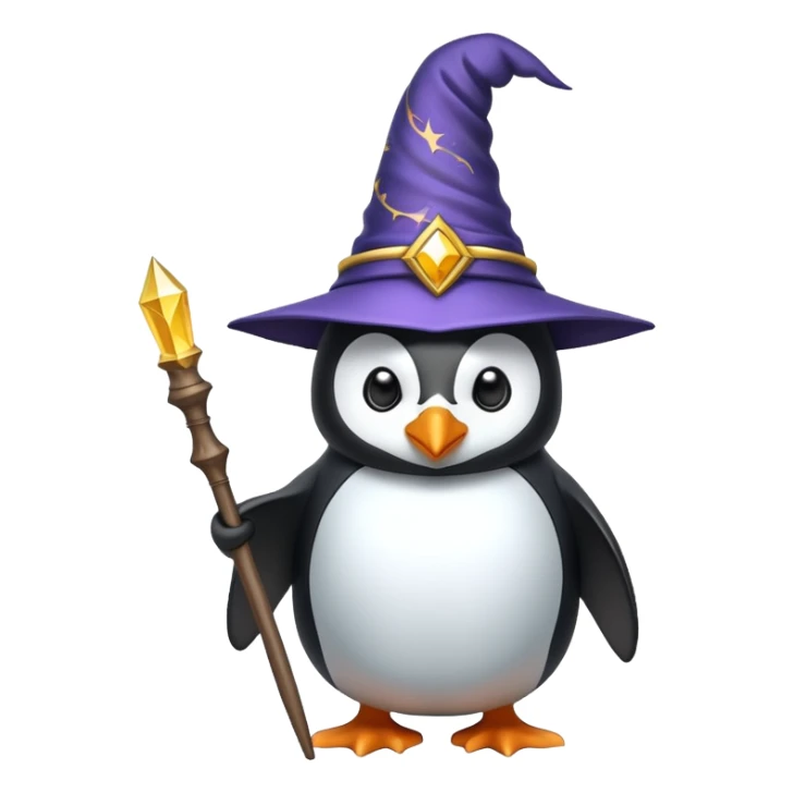 Penguin dressed as a wizard with a magical wand and pointy wizard hat sticker