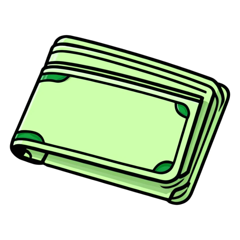 black leather wallet with dollar bills inside and a small clock in top right corner positioned over the wallet sticker