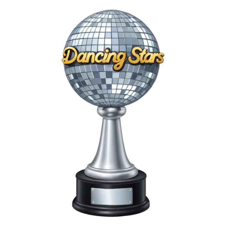 Tall Competition trophy with a silver disco ball on top that says “Dancing With The Stars” in cursive  sticker