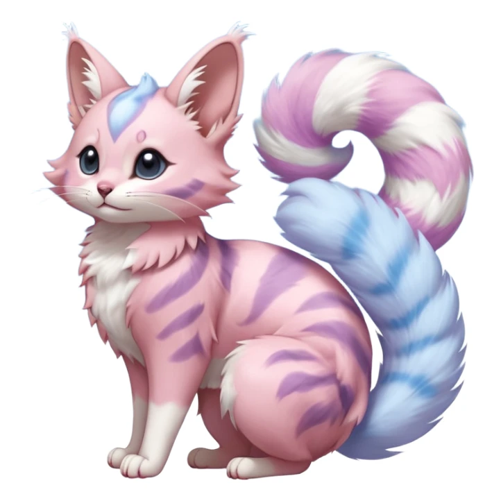 cotton-candy mist pink-blue-lilac fur whipped into cloud-soft spirals beautiful elegant pretty precious cute  Fakémon-Pokémon-opossum-feline-serval-caracal-chinchilla-Furret-Minccino-hybrid-creature with a big fluffy bushy tail (full body) sticker