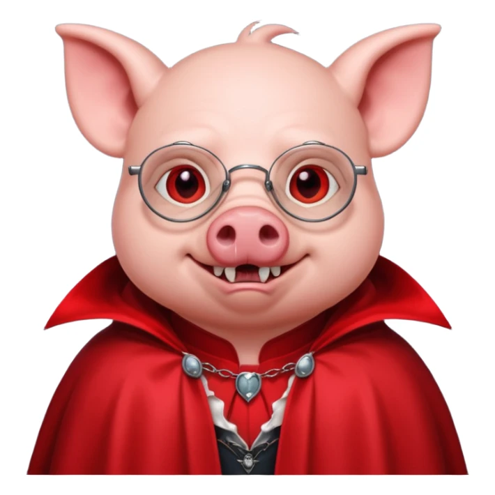 Vampire animal, pig in red collar cloak, red eye, fangs, classes sticker