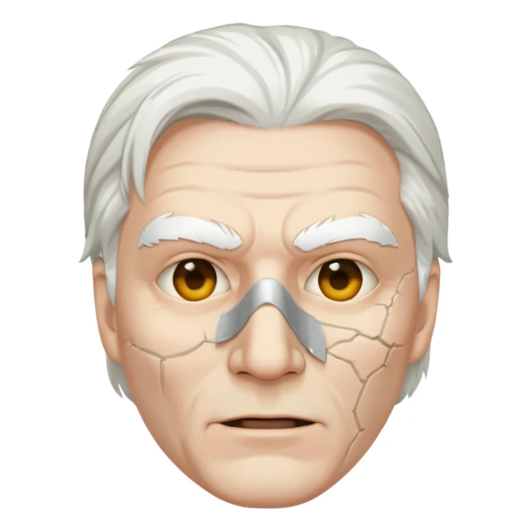 white haired man with half white mask, mask is cracked sticker