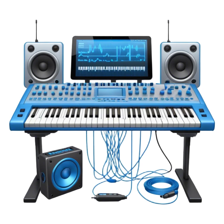 Create a professional and detailed emoji that represents sound design. The design should feature a high-end studio synthesizer (like the Korg), a sound mixing console with visible wires, large studio speakers, and a microphone to symbolize the essential equipment in sound design. Add musical note waves flowing around the equipment to emphasize the connection between sound creation and musical composition. Use sleek, modern colors like black, silver, and neon blue to represent the professional and futuristic nature of sound design. The background should be transparent. sticker