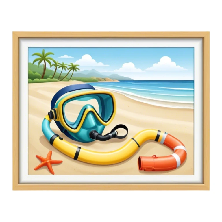 Icon for Beach Tourism: a serene beach scene with gentle waves, a snorkel mask, and a diving tube. The icon should evoke the relaxation and beauty of beach destinations. Transparent background. sticker