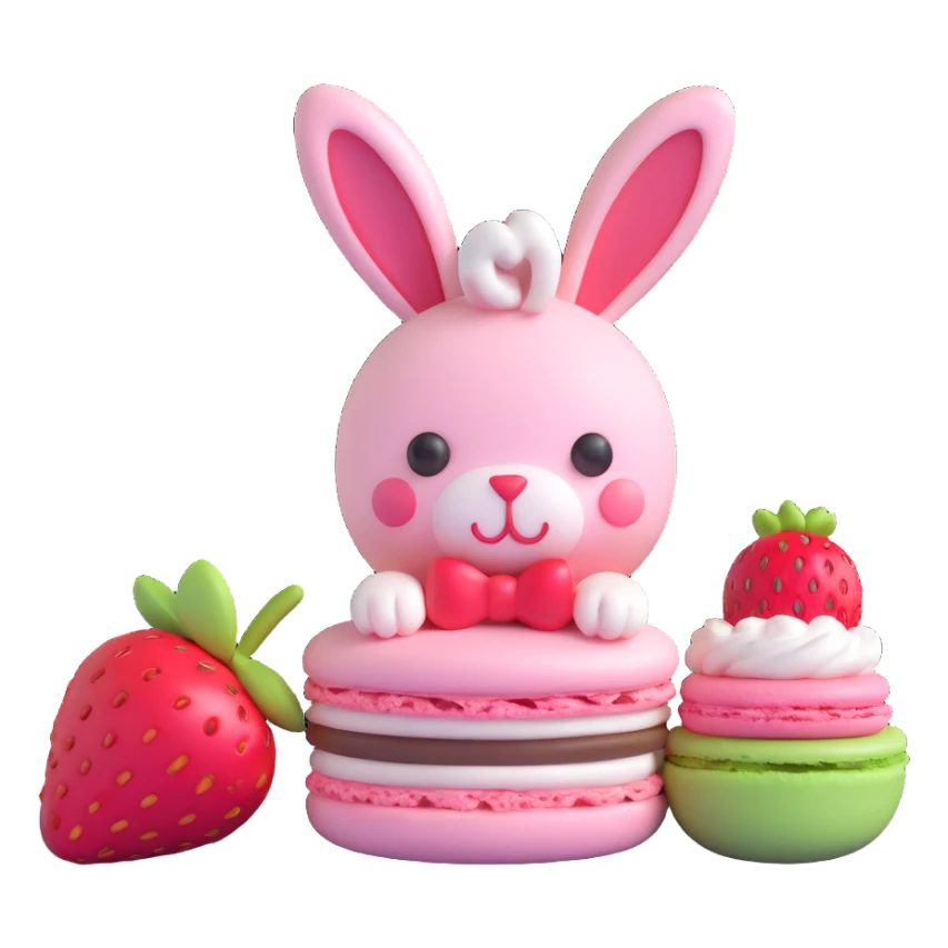 A 3D macaron with a strawberry on top and a bunny peeking out sticker