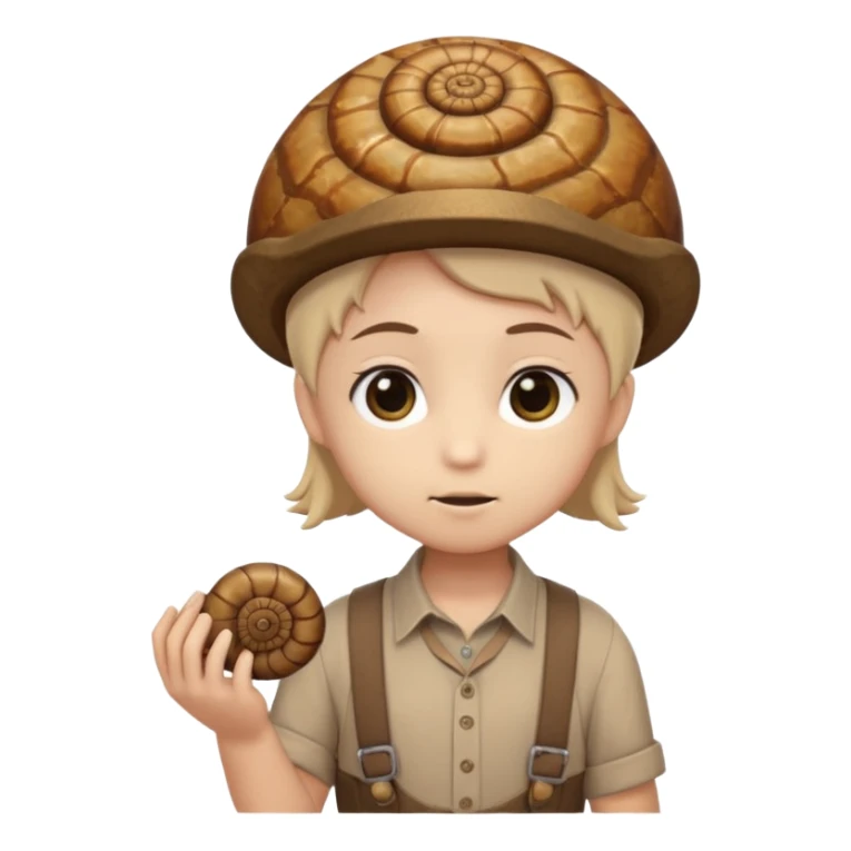 Shelly has a small, chibi-style body with a large ammonite-shaped head that looks like a beige fossil shell. One side of her head has a dark opening, making it clear she isn’t human. Her face is simple and soft, with big round eyes. She wears a brown suspender outfit over a lighter shirt sticker