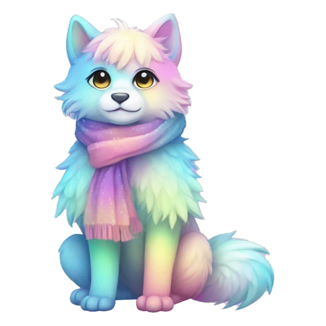 Edgy Kawaii cute cool gorgeous colorful sparkly bright light pastel gradient fantasy ethereal fluffy fursona animal creature with a cute scarf full body sticker