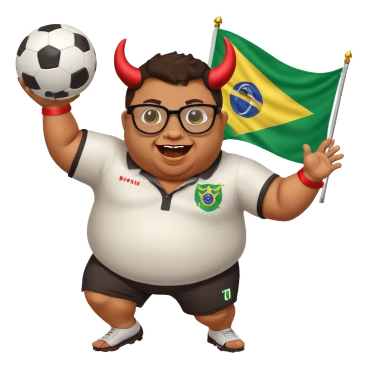 make an guy called pedro who is dancing with a football and playing brazzilian phonk and hee has glasses and is obese and make it look like hes listening to brazzilian phonk so it has a brazil flag and text saying phonk on it and give him demon laser eyes sticker
