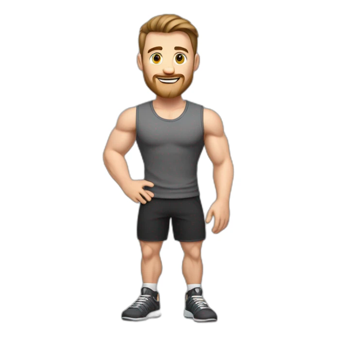 Full height realistic Actively gesturing with hands Pale skinned Fit Man With the biceps and brown hair in dark gray Sleeveless Mike, black oversize sports shorts, watch and white Sneakers sticker