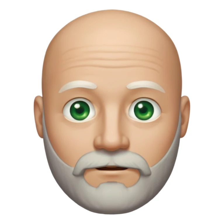 a man with light skin, a bald head, and a well-maintained beard that is darker at the top and greying towards the chin. He has striking light green eyes and a subtle, closed-mouth smile. The lighting highlights his face, and the background is softly blurred, suggesting an indoor setting. sticker