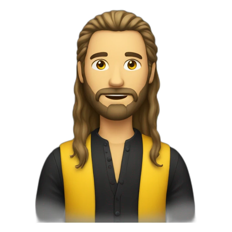 A man with long hair, a beard and a black shirt behind a yellow suit sticker
