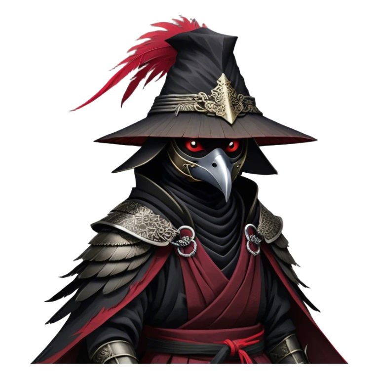 A fierce Kenku samurai with sleek black feathers, piercing crimson eyes glowing under the shadow of his straw hat. His sharp beak is partially covered by a black cloth mask, adding to his air of mystery. He wears layered black and crimson armor, intricate silver engravings etched into the metal plates. A long, tattered cloak billows behind him, worn from countless battles. His clawed hands grip the hilt of a curved katana, its polished blade reflecting the moonlight. Wisps of mist swirl around his taloned feet as he stands motionless sticker