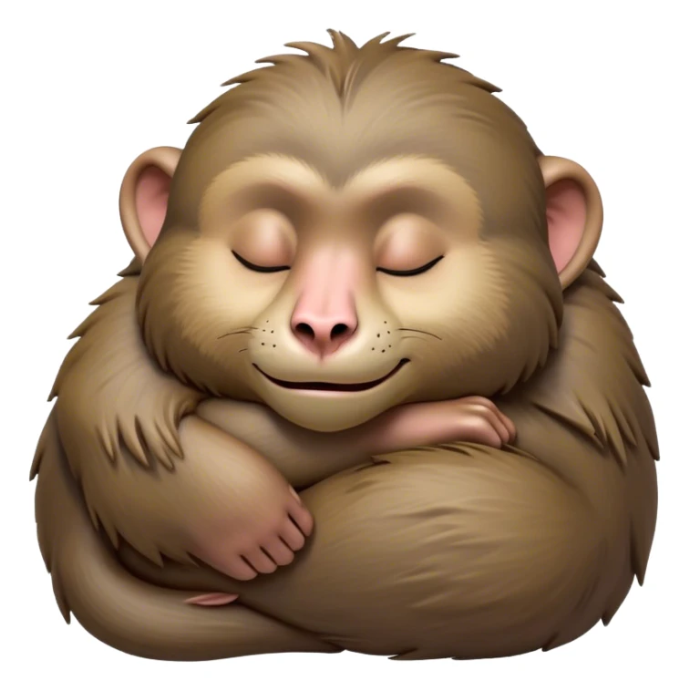 Meme-Worthy Cute Sleeping Baboon Portrait Emoji, Head resting peacefully with a contented smile, showcasing a robust build and a luxuriously soft Fur of earthy browns, eyes shut in a serene, restful nap, Simplified yet hilariously adorable features, highly detailed, glowing with a soft, drowsy light, high shine, relaxed and utterly lovable, stylized with an air of playful laziness, bright and heartwarming, soft glowing outline, capturing the essence of a comically sleepy baboon, so meme-worthy it feels like it could instantly become the next viral sensation of adorable slumber! sticker