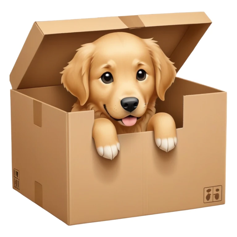  A very cute young Golden Retriever  with one's head tilted to one side poked its paws out of the cardboard big box and placed them on top of it sticker