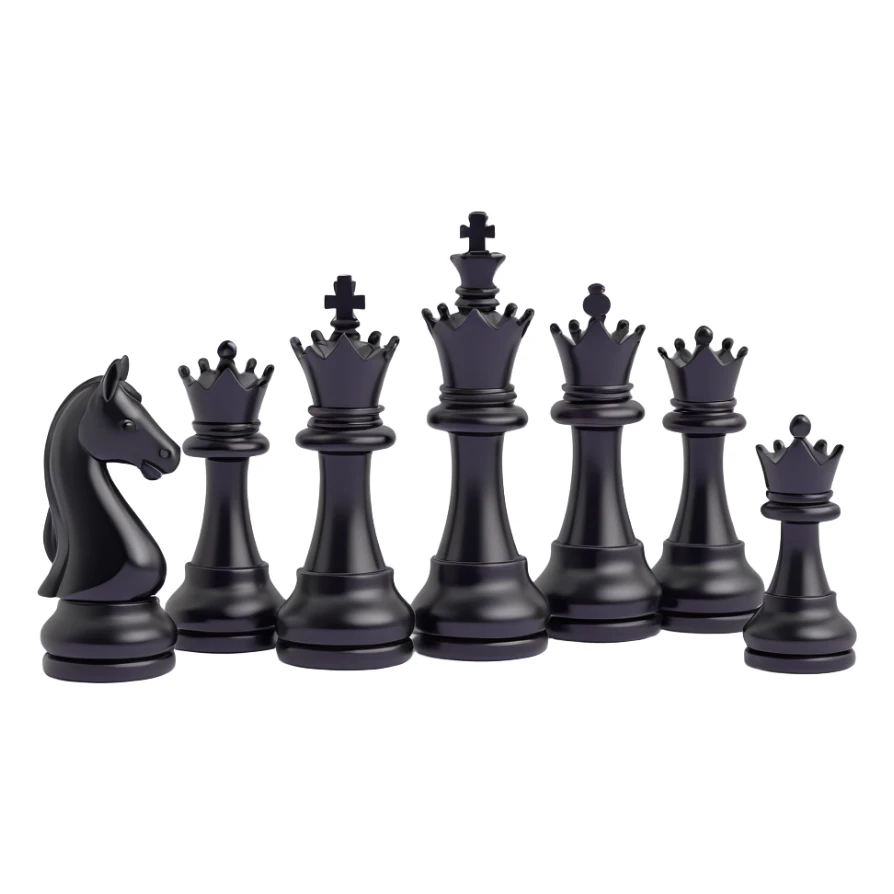 full chess set, all pieces are black queens, shiny, modern look, 3D emoji style, no text sticker