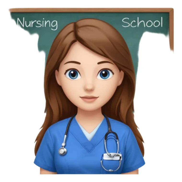 inside a classroom at university that says nursing school on the board with a pretty female nursing student with long brown hair, blue eyes sticker