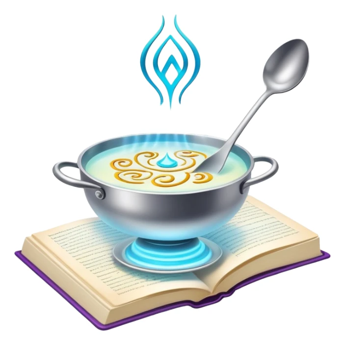 Ethereal floating cookbook with luminous aura, mystic fork and spoon symbol on cover radiating with magical energy, recipe collection sticker