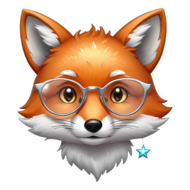 A sad fox with shimmering fur, a glowing tail, a silver star on its forehead, and round glasses, with a single tear rolling down its cheek sticker