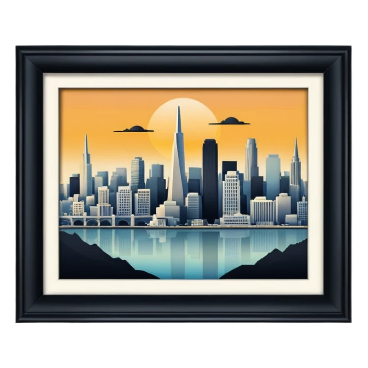 create an image of san francisco skyline in the tech future - no car, use art deco sticker