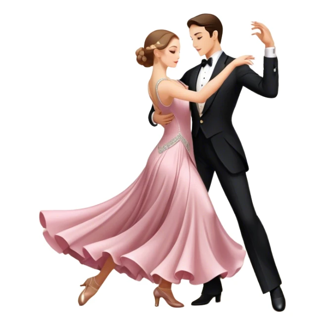 Icon for Ballroom Dancing: a couple in an elegant dance pose, with flowing dresses and tuxedos, surrounded by dance floor lights. The icon should convey the grace and elegance of ballroom dance, with focus on movement and precision. Transparent background. sticker