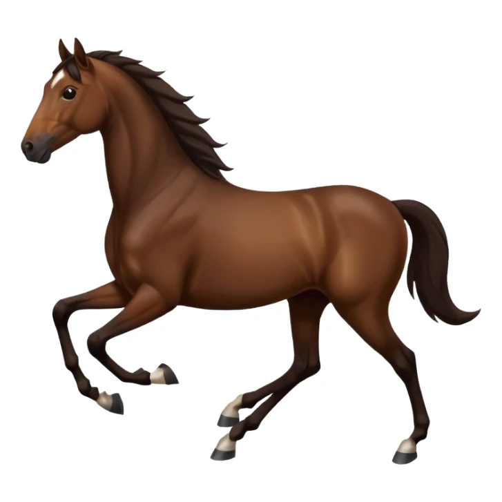 Make a brown horse emoji that has a white spot on head and deep dark brown legs up to knees, also make the tail and mane  a very very dark brown, also make the horse trotting sticker