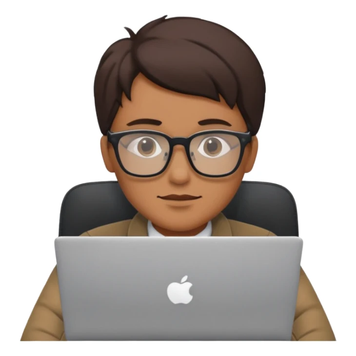 designer with tan skin and square glasses using a laptop sticker