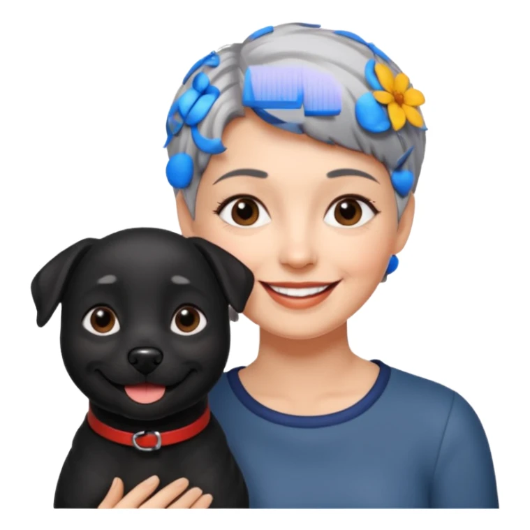 short gray haired woman with black dog sticker