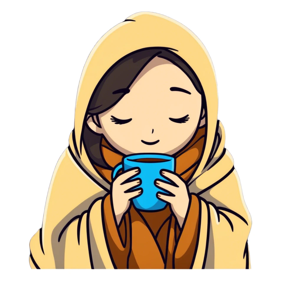 girl inside a blanket sipping coffee eyes closed sticker