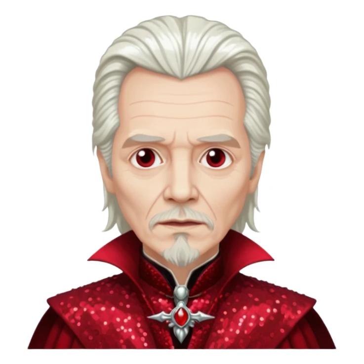Gary Oldman as Dracula with long white hair, dark red sequin outfit, without glasses sticker
